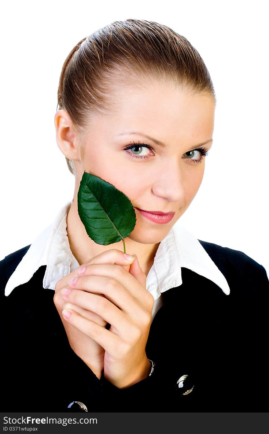 Beautiful Girl With A Small, Green Leaf. Isolated