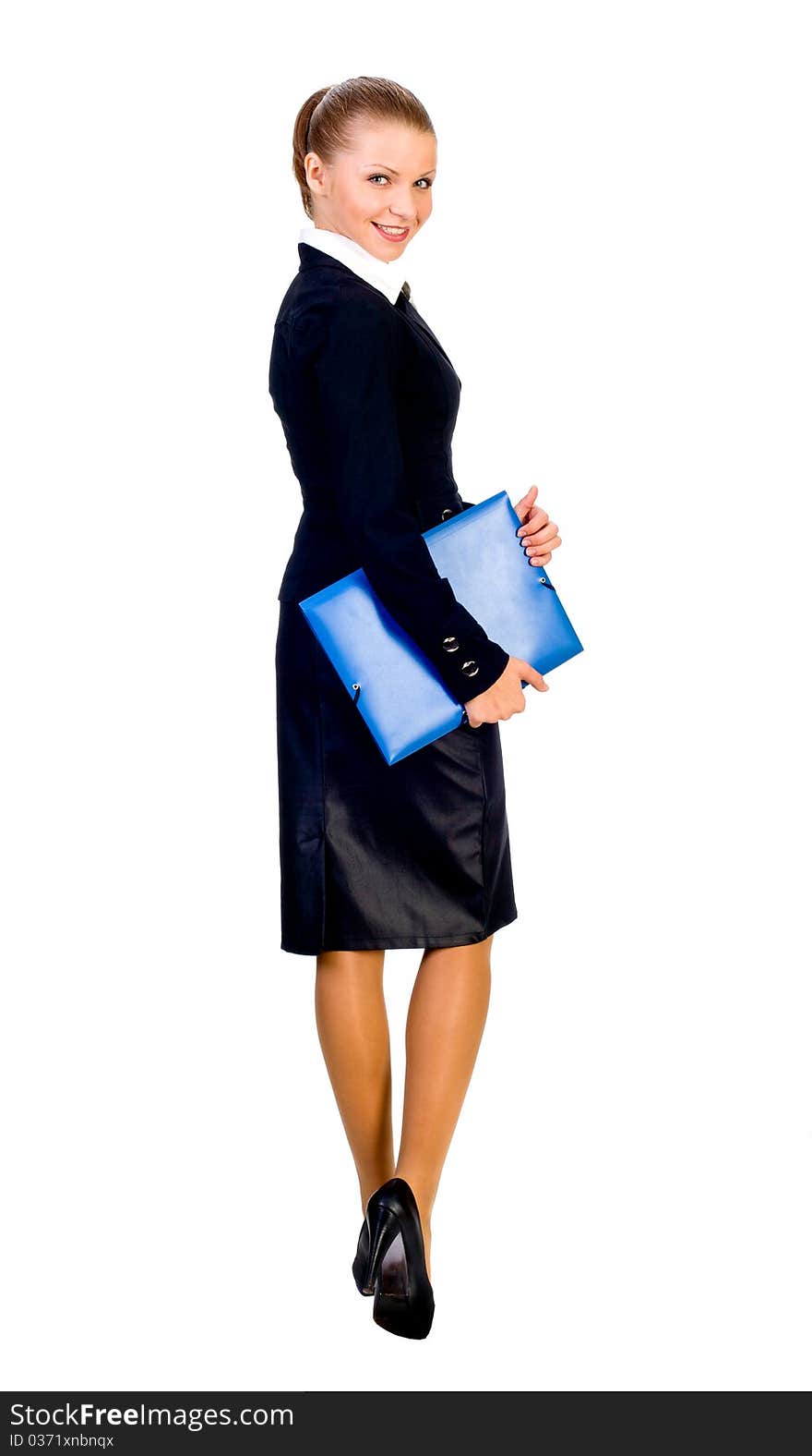 businesswoman with blue folder. isolated