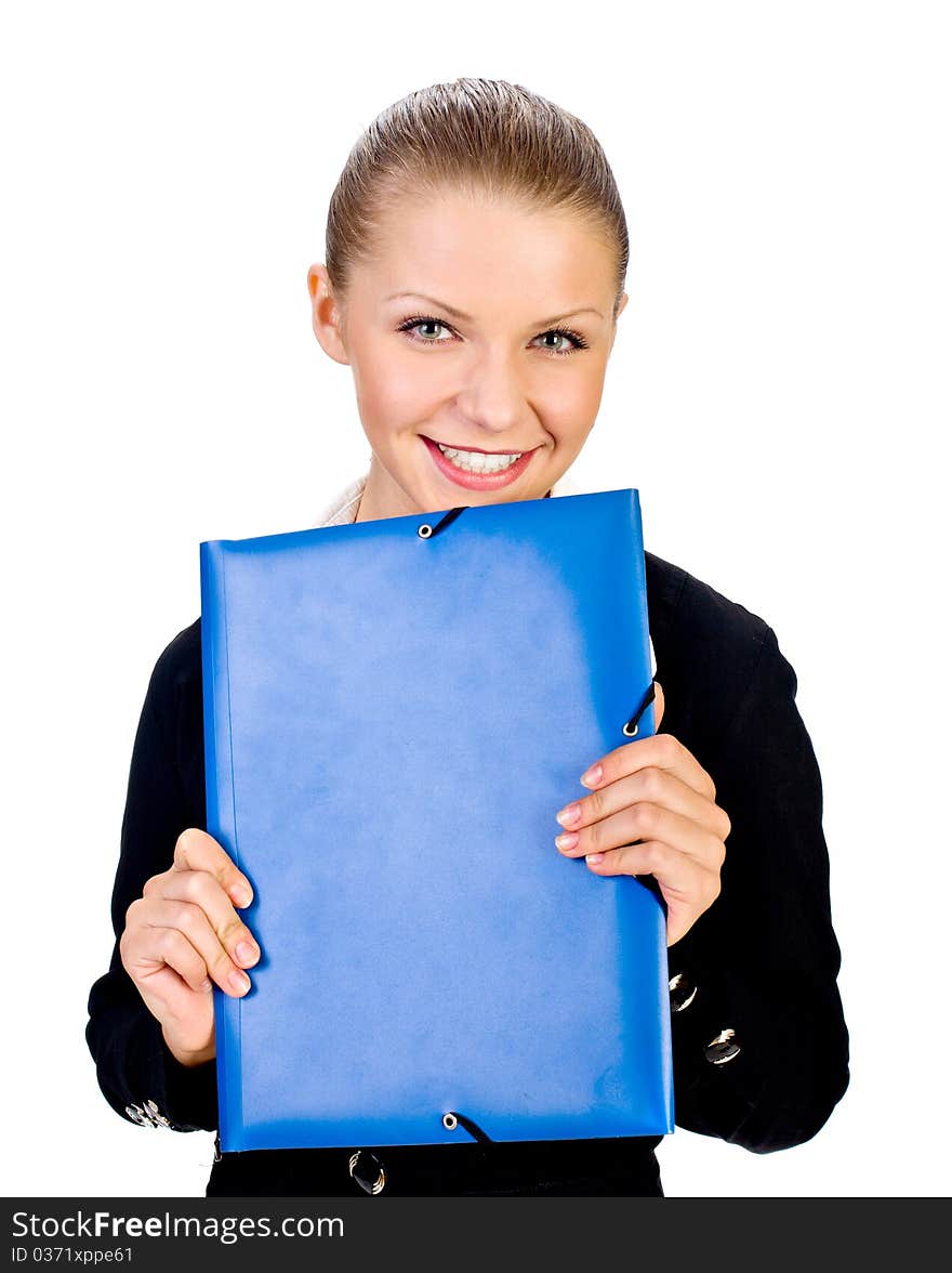 Smiling businesswoman with folder. isolated