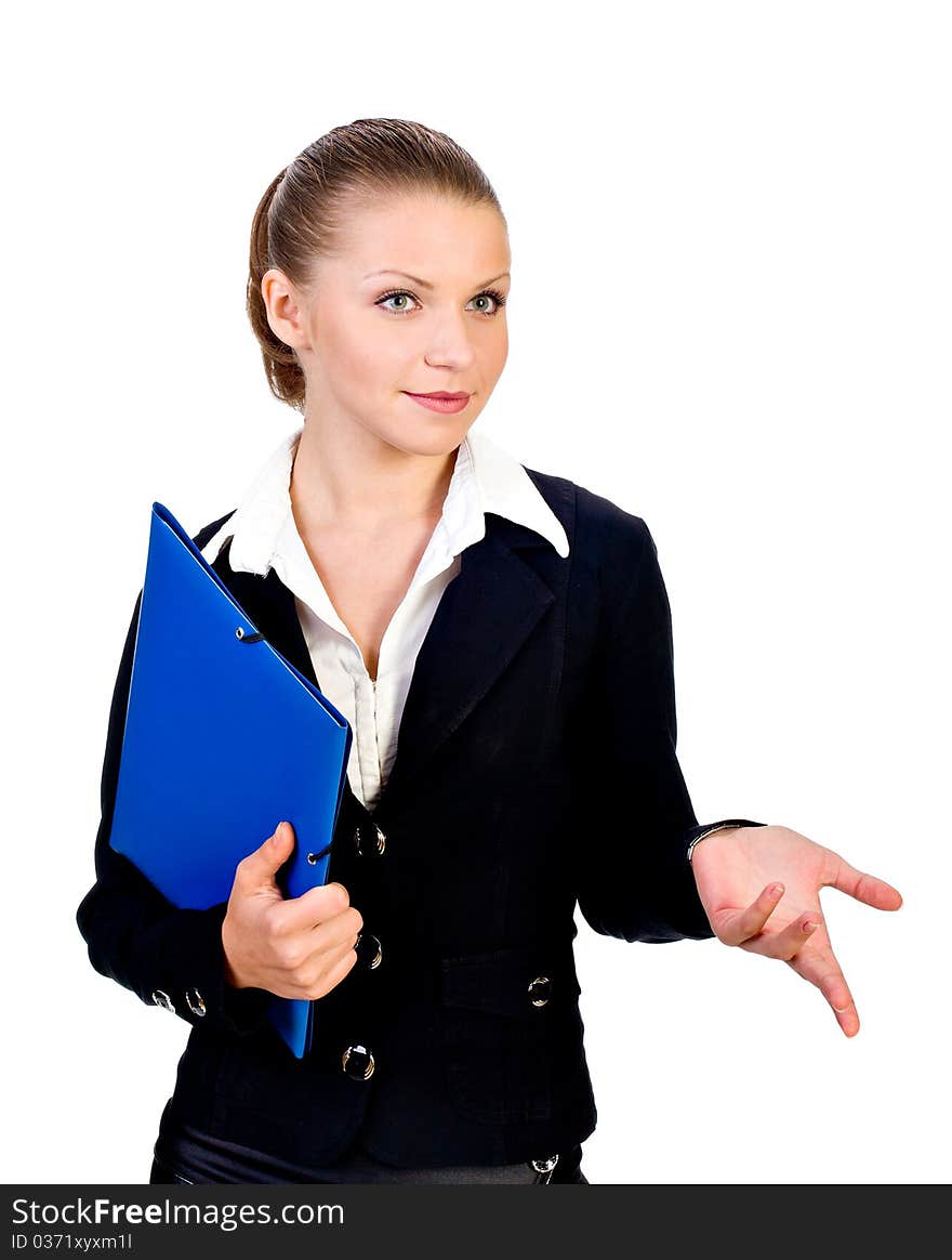 Businesswoman With Blue Folder. Isolated