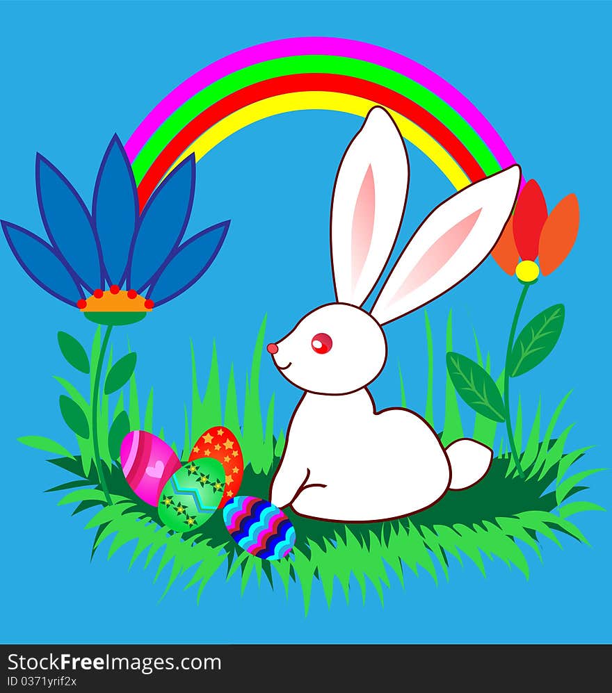 Easter cute cartoon Bunnyes with eggs on cartoon landscape with rainbow. Easter cute cartoon Bunnyes with eggs on cartoon landscape with rainbow.