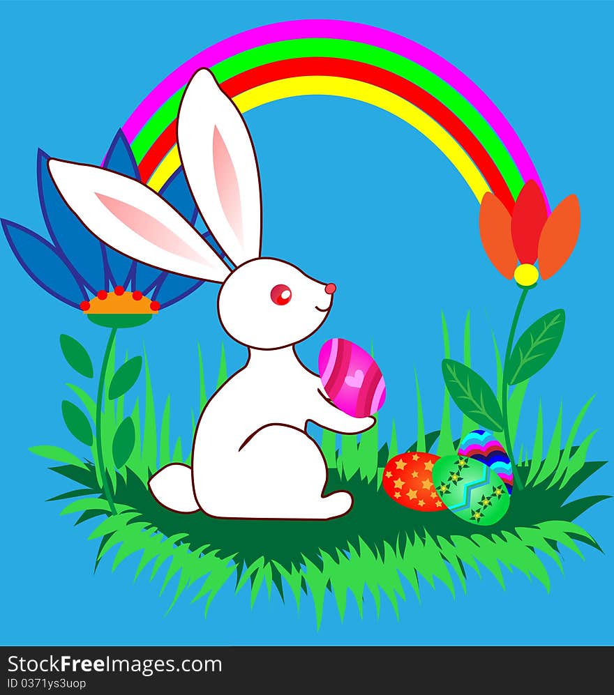 Easter Bunnyes with eggs, flowers and rainbow