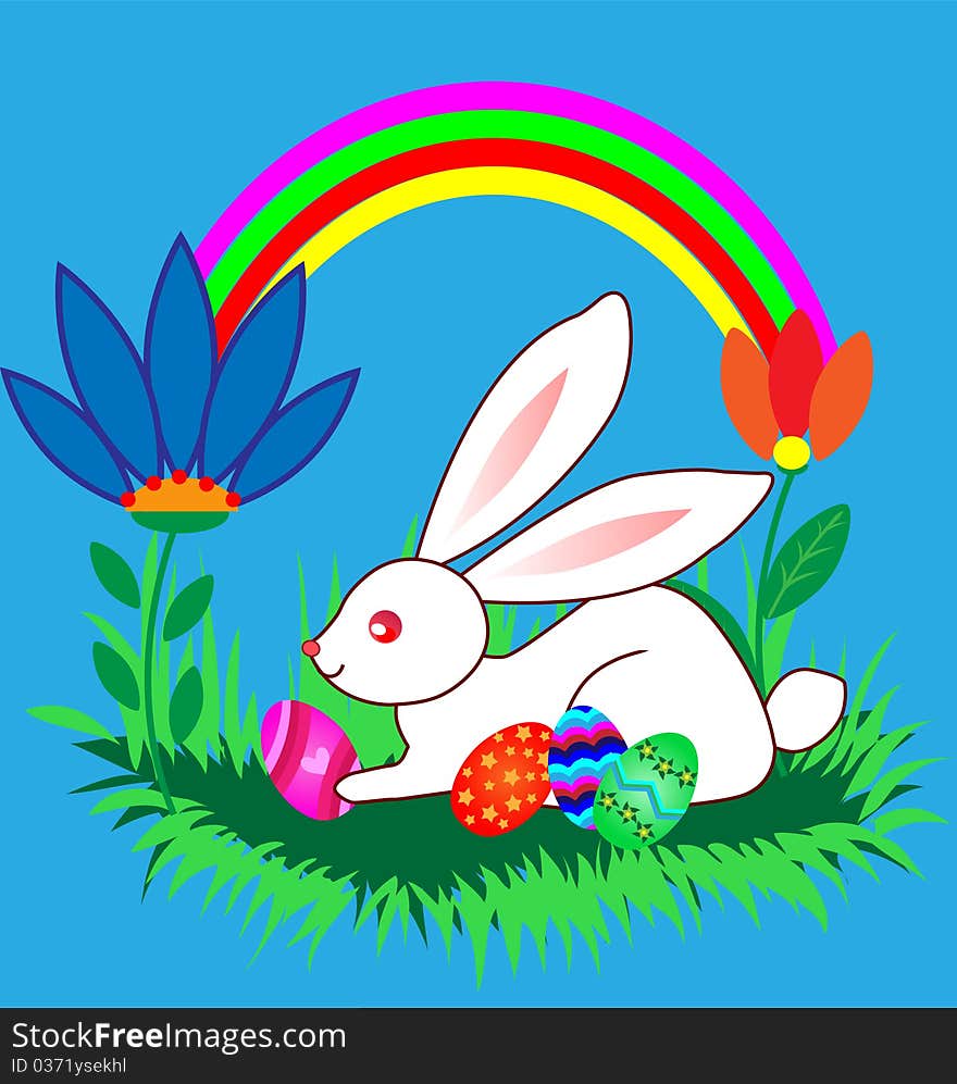 Easter cute cartoon Bunnyes with eggs on cartoon landscape with rainbow. Easter cute cartoon Bunnyes with eggs on cartoon landscape with rainbow.