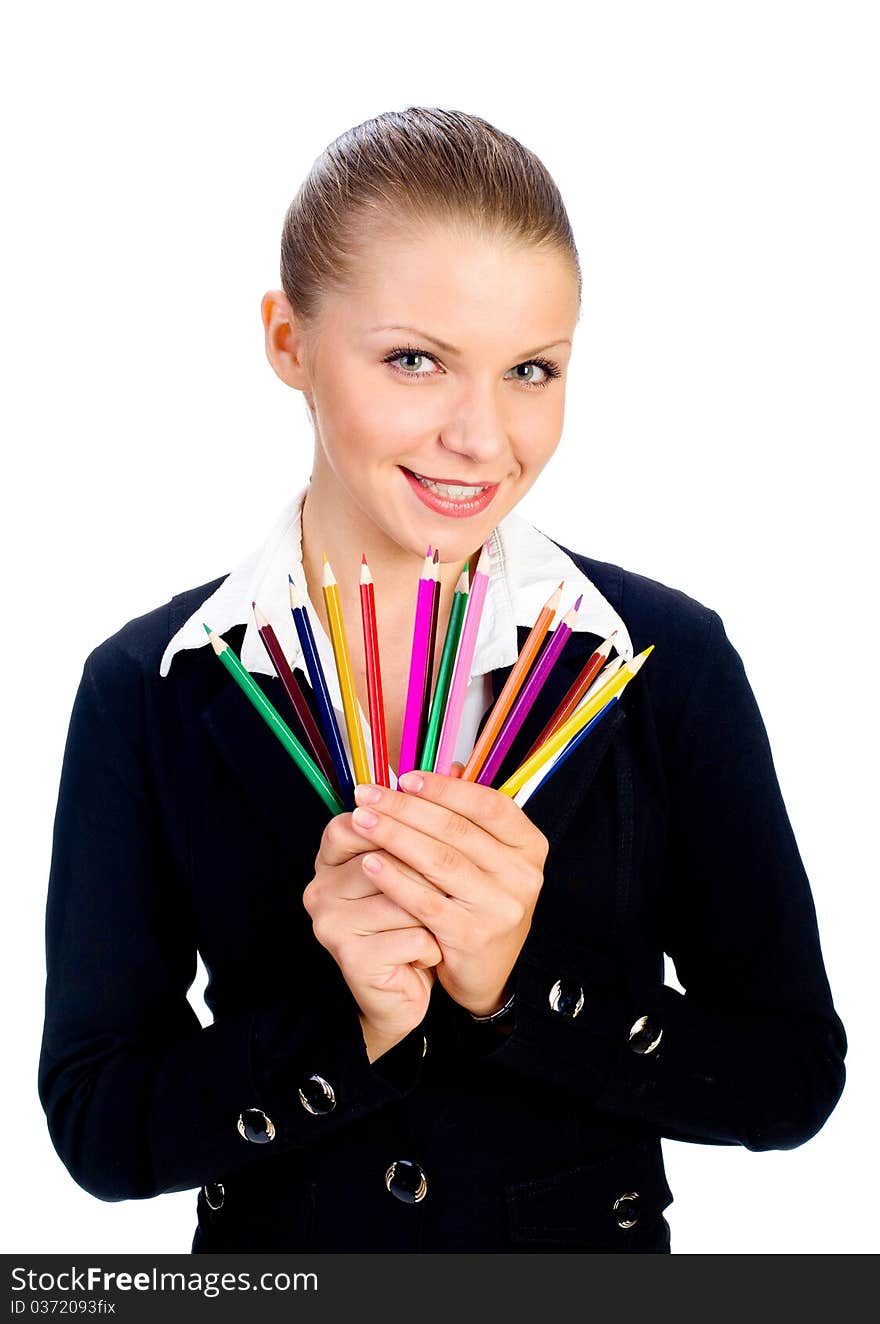 Portrait of the beatiful businesswomen with colorful pencil. Portrait of the beatiful businesswomen with colorful pencil.