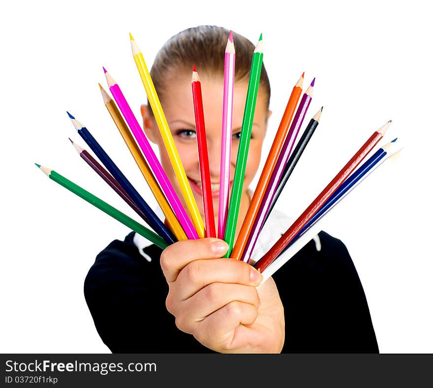 Businesswomen With Colorful Pencil.  Isolated