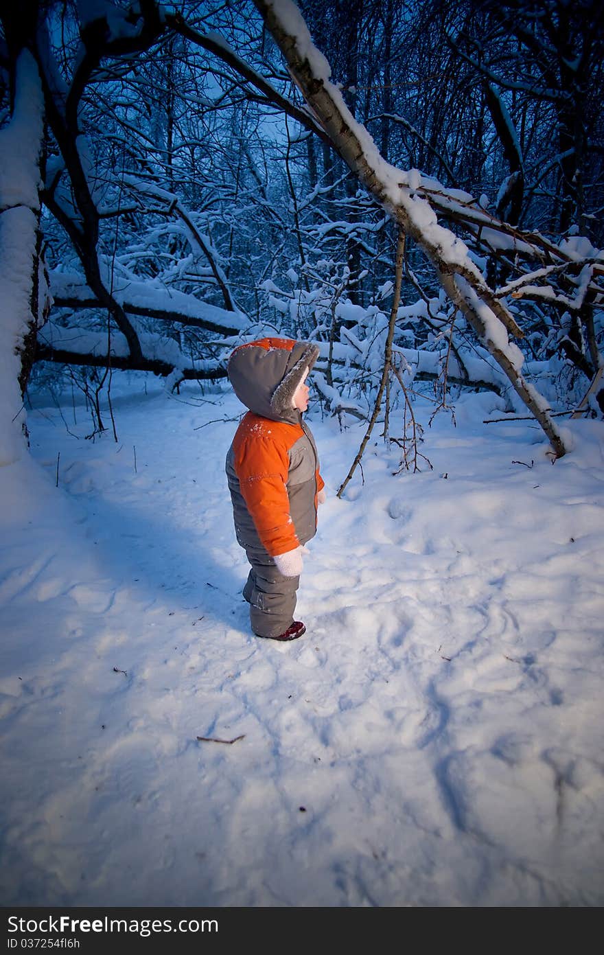 Adorable baby walking in evening park. Stay on road and look side to light. Adorable baby walking in evening park. Stay on road and look side to light