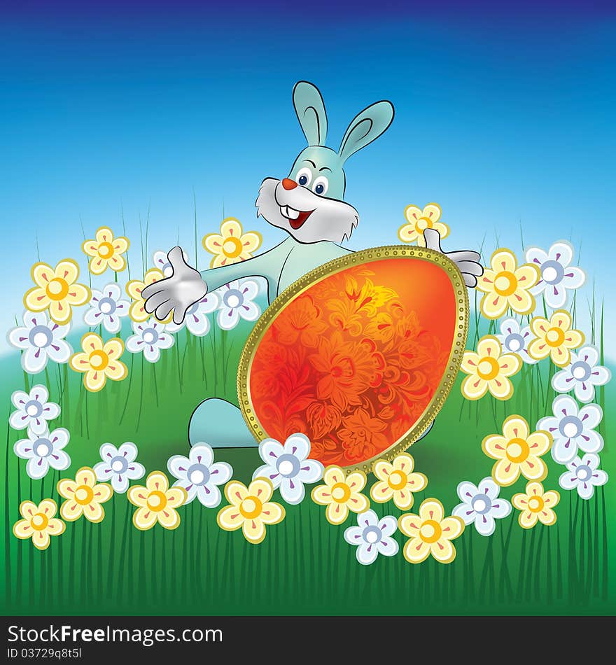 Easter background rabbit with egg on grass