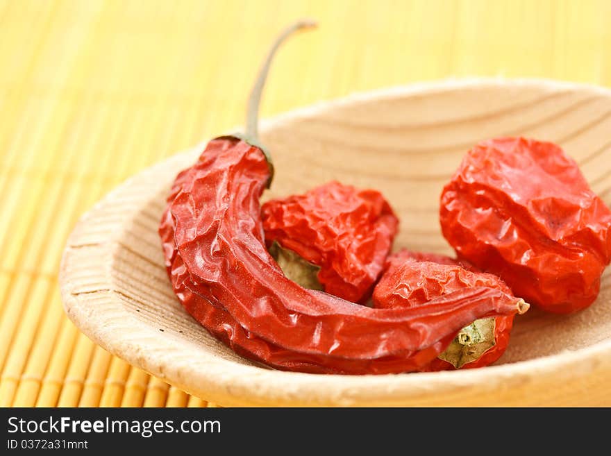 Red chili pepper on a wooden spoon