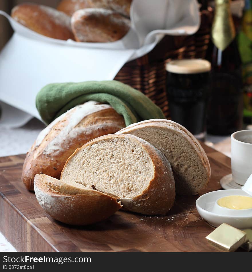 Freshly baked breads on the chopping board