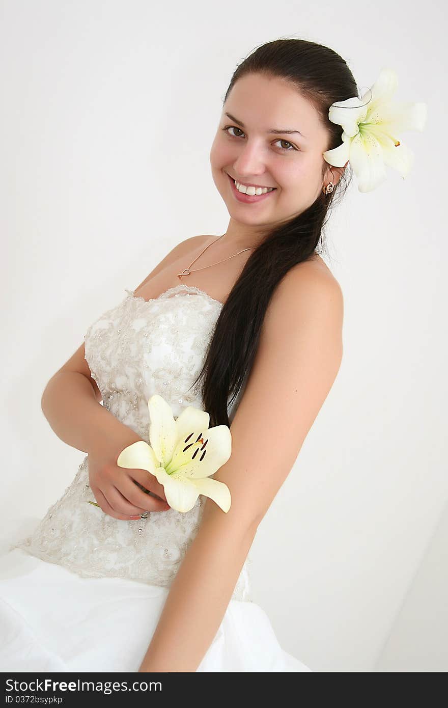 Beautiful young bride with long brown hair