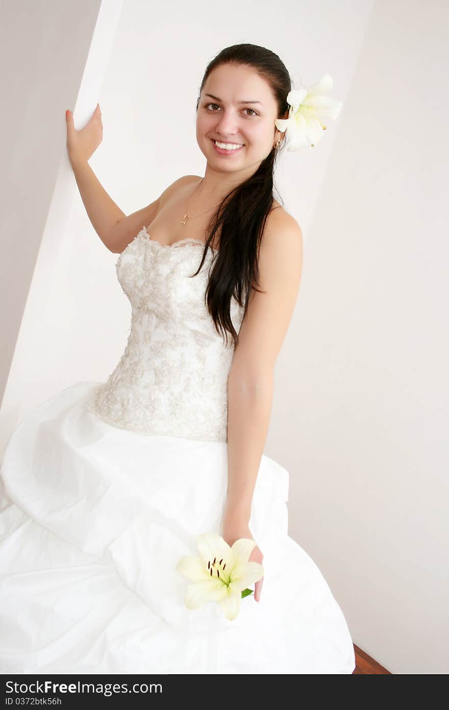 Beautiful young bride with long brown hair