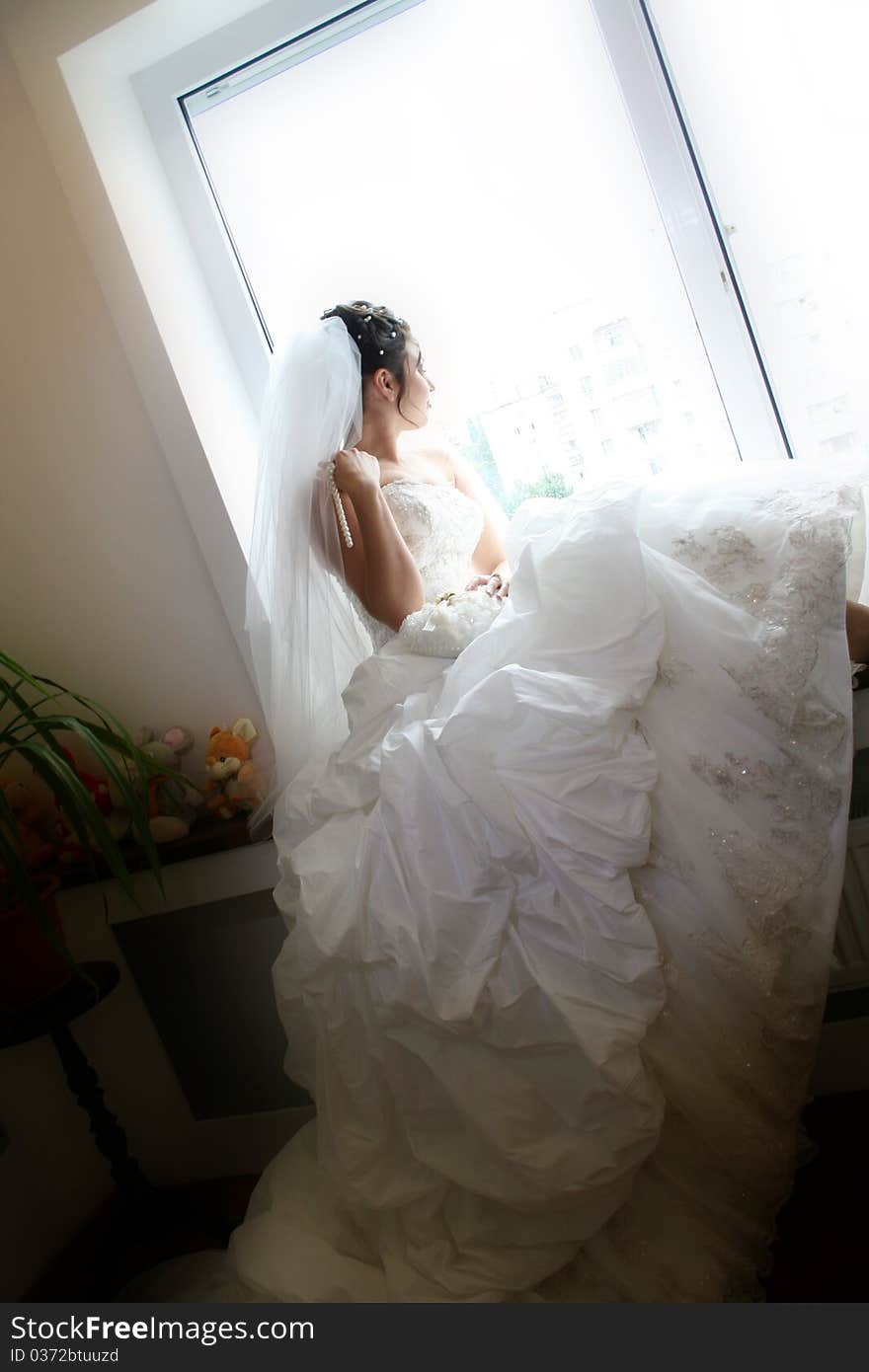 Beautiful young bride with long brown hair