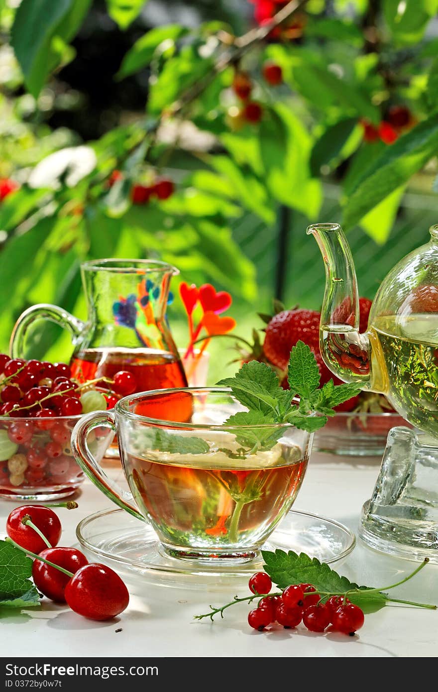 Healthy breakfast in the garden. Healthy breakfast in the garden.