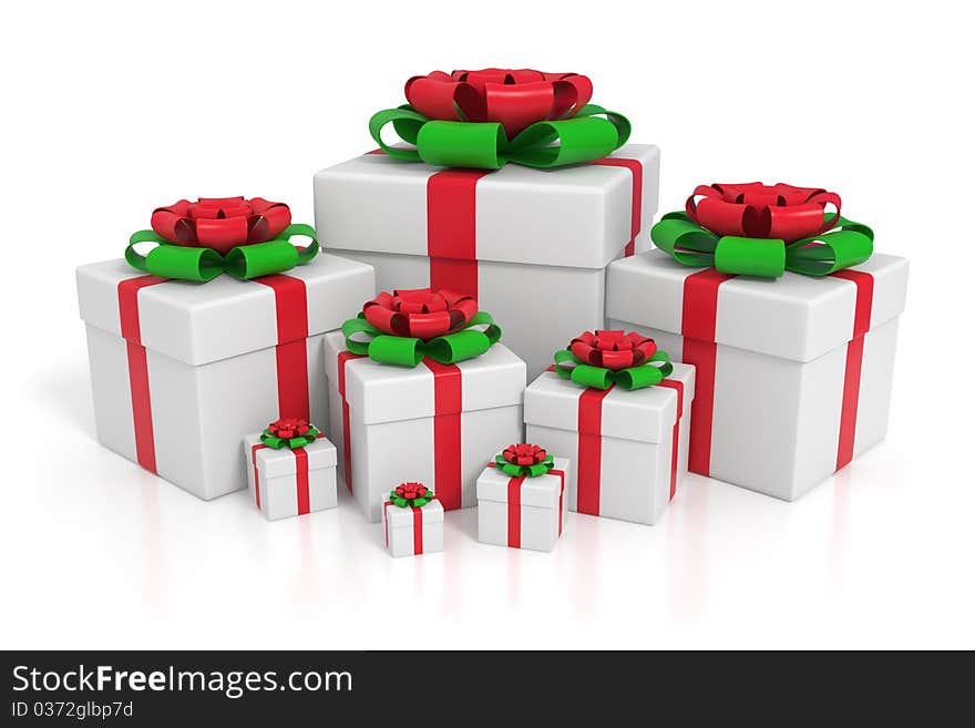 Different sized 3d gift boxes rendered on a white reflective background. Different sized 3d gift boxes rendered on a white reflective background