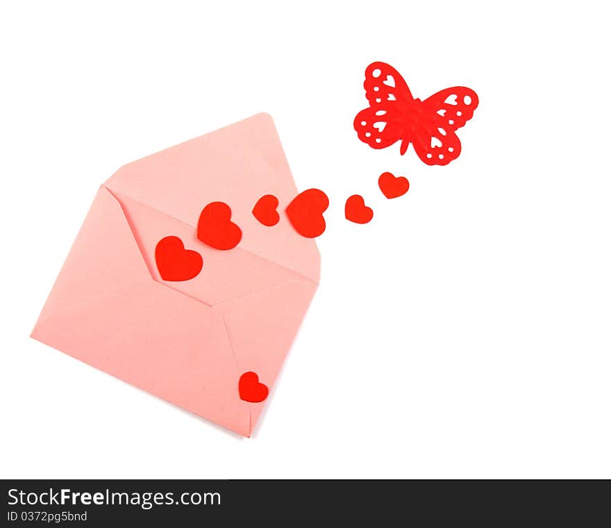 Red heart and butterfly in the pink paper envelope. Red heart and butterfly in the pink paper envelope