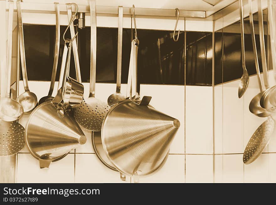 Cooking instruments in a professional kitchen