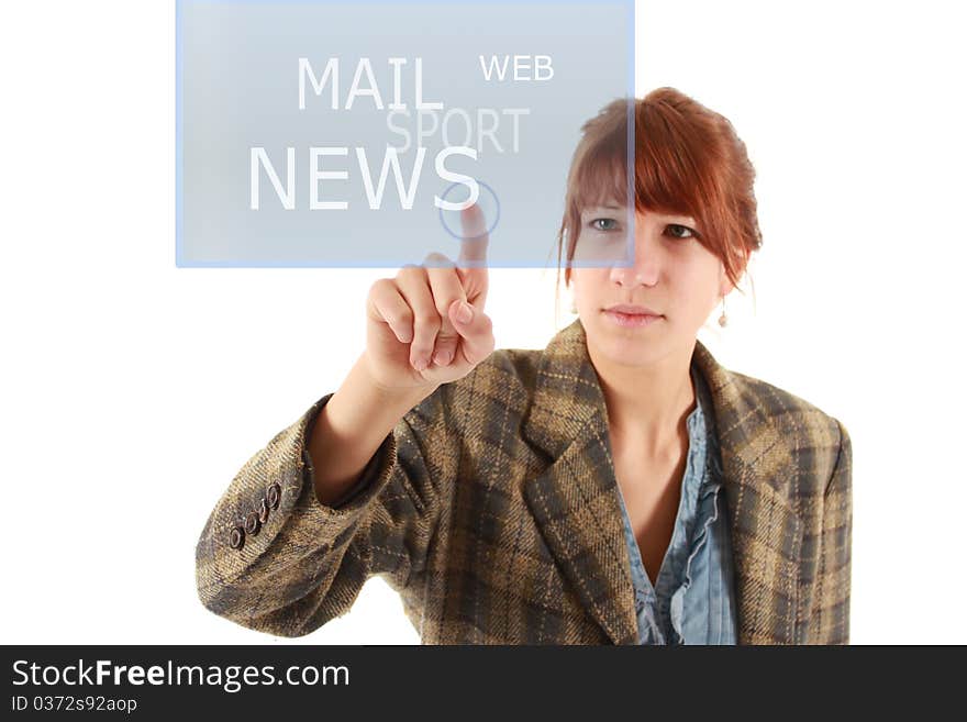 An red haired girl pointing on a mobile touch screen that says : web,sport,news,mail. An red haired girl pointing on a mobile touch screen that says : web,sport,news,mail