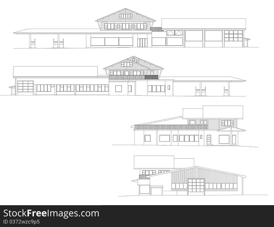 This image represents four facades of an shopping center made in CAD. This image represents four facades of an shopping center made in CAD