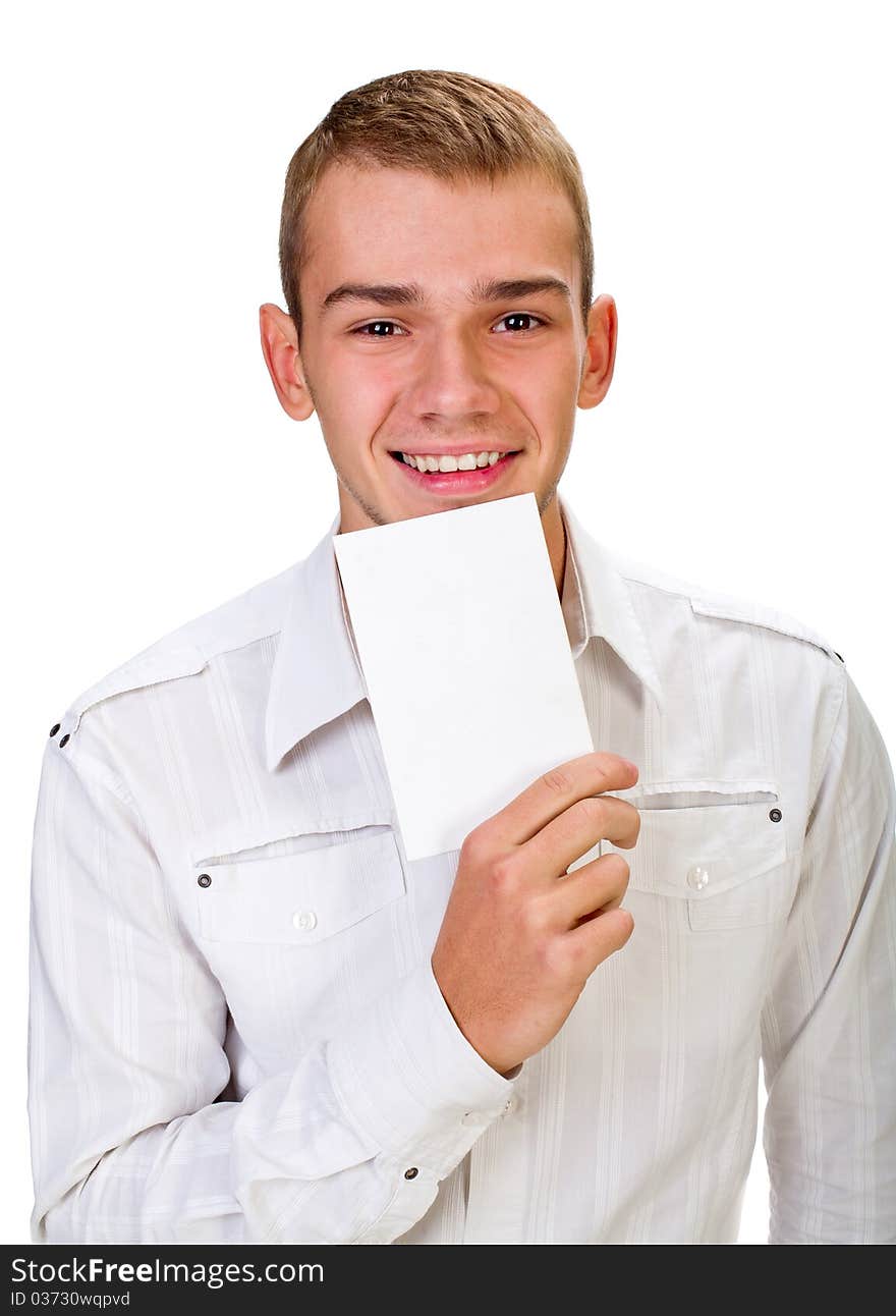 Portrait of a happy young man holding a blank board for texting against white