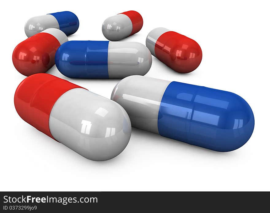 3d different tablets and pills on a white background. 3d different tablets and pills on a white background