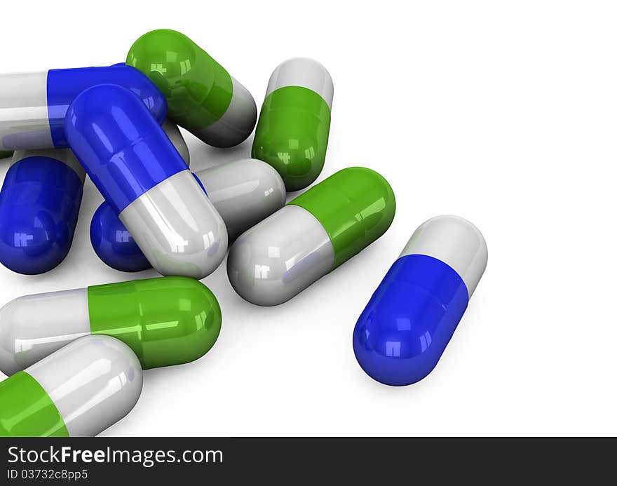 3d different tablets and pills on a white background. 3d different tablets and pills on a white background