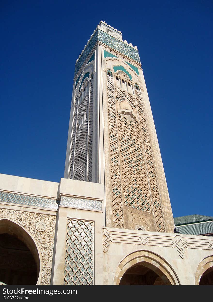 Minaret on Mosque of Hassan II in Casablanca, Morocco