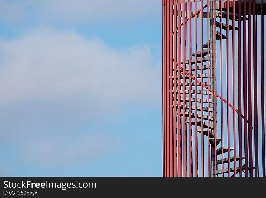 A stairway with a blue sky