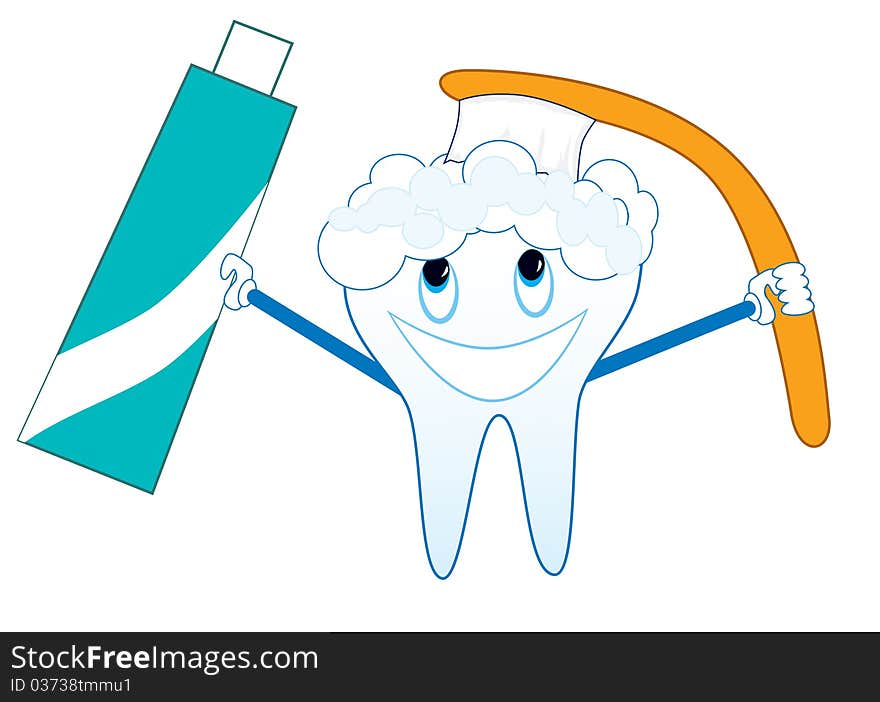 On the picture is cartoon tooth washing with toothbrush and handling a toothpaste. On the picture is cartoon tooth washing with toothbrush and handling a toothpaste