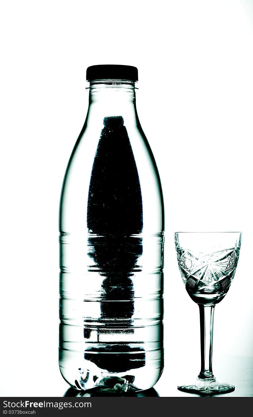 An empty bottle and glass stands on the table