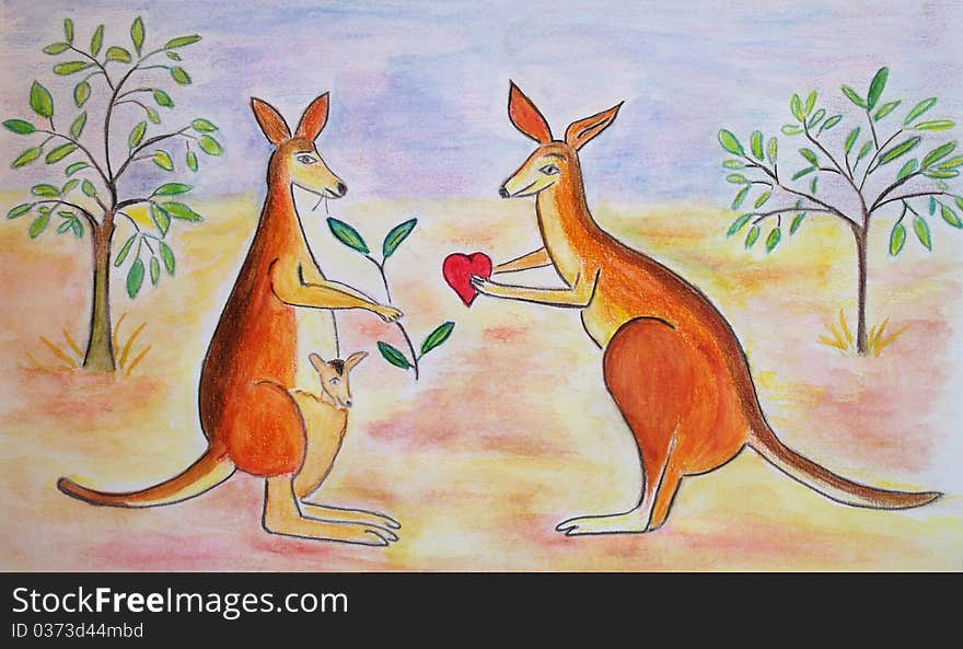 Enjoy my watercolor ! You can see adorable and funny kangaroos, the male, the female and the baby. Enjoy my watercolor ! You can see adorable and funny kangaroos, the male, the female and the baby.