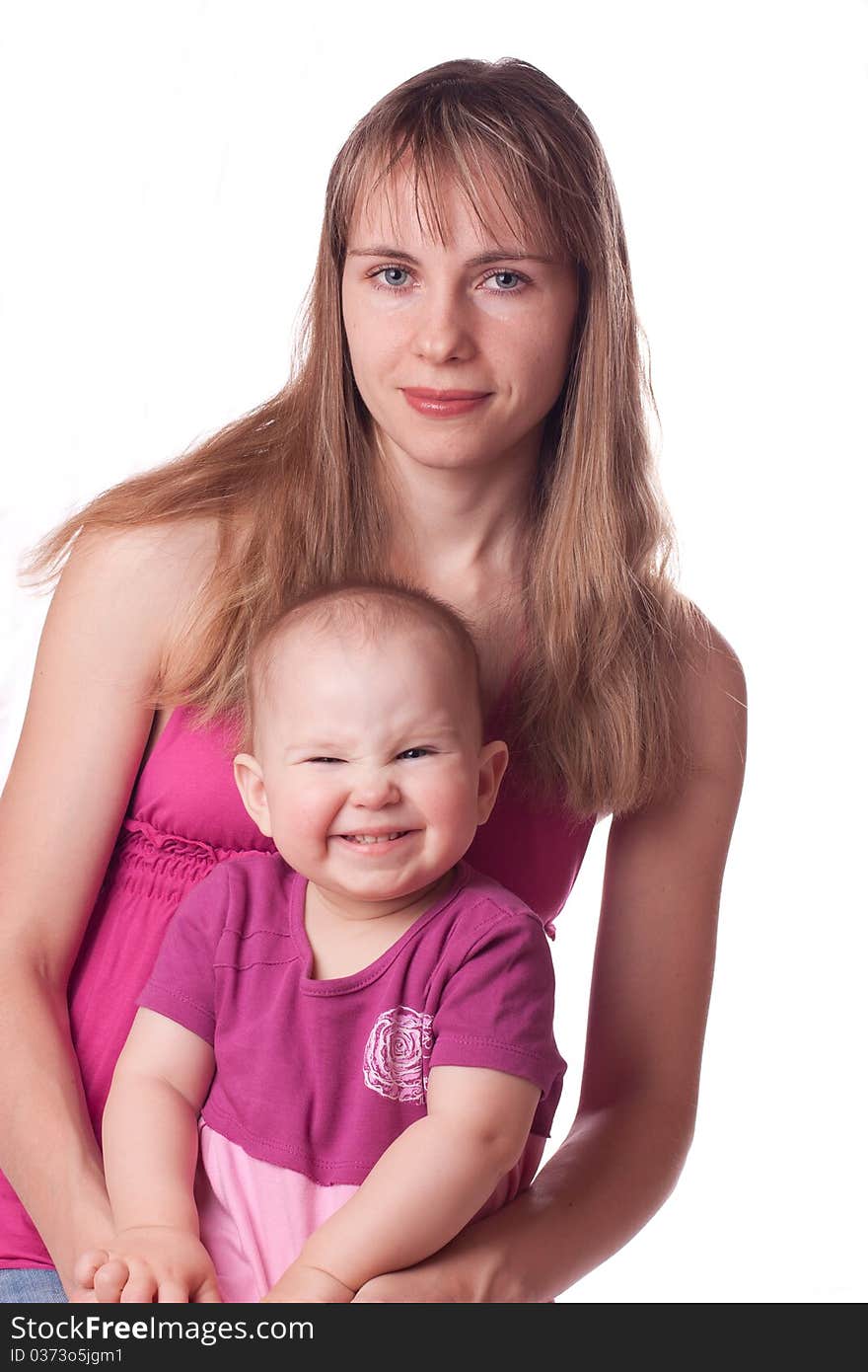 Mother with smiling daughter isolated on white. Mother with smiling daughter isolated on white