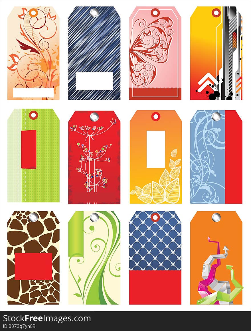 12 colorful tags with place for price