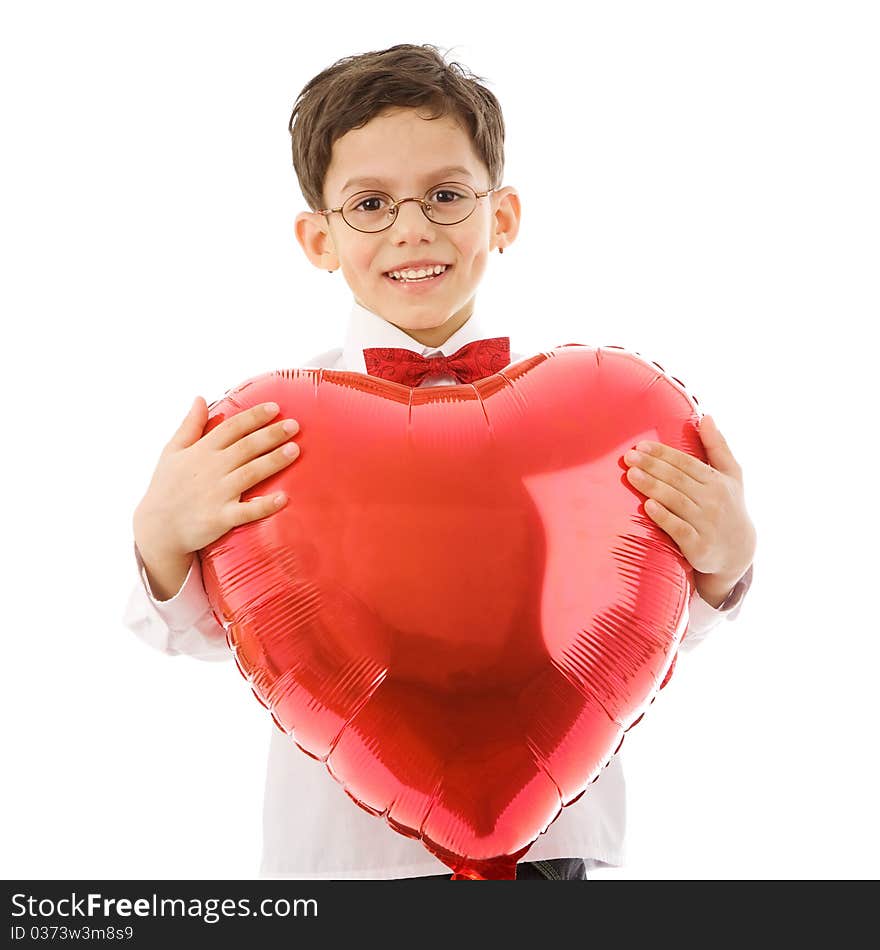 Boy with red balloon isolated on white