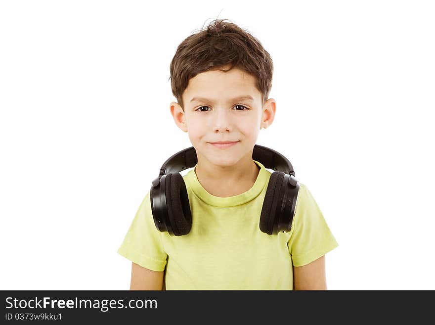 Boy with headphones isolated on white