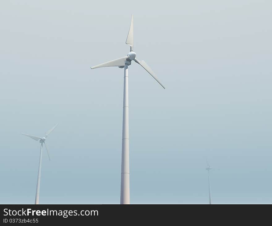 3D-modelled scenery with a wind turbines field landscape, illustrating concepts such as ecology, renewable energies and sustainable development. 3D-modelled scenery with a wind turbines field landscape, illustrating concepts such as ecology, renewable energies and sustainable development