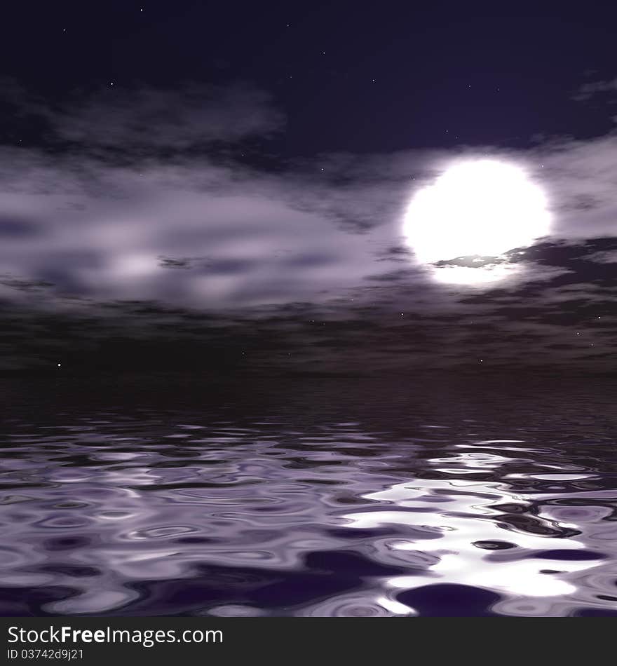 Marine landscape against the backdrop of the night moon