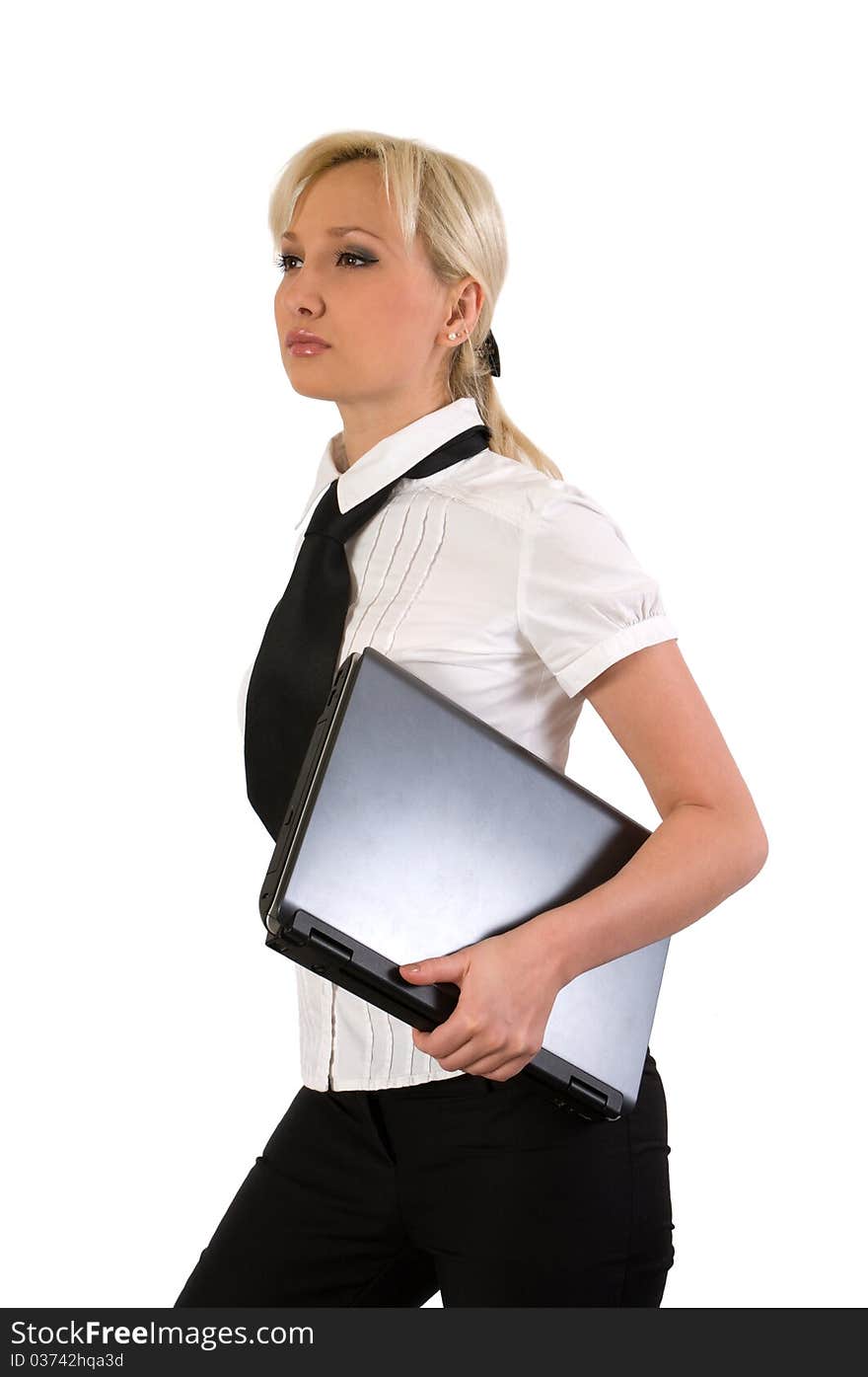 Blonde girl with a laptop isolated on a white background. Blonde girl with a laptop isolated on a white background.