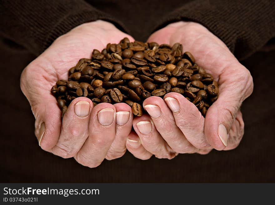 Roasted coffee beans in senior woman hands