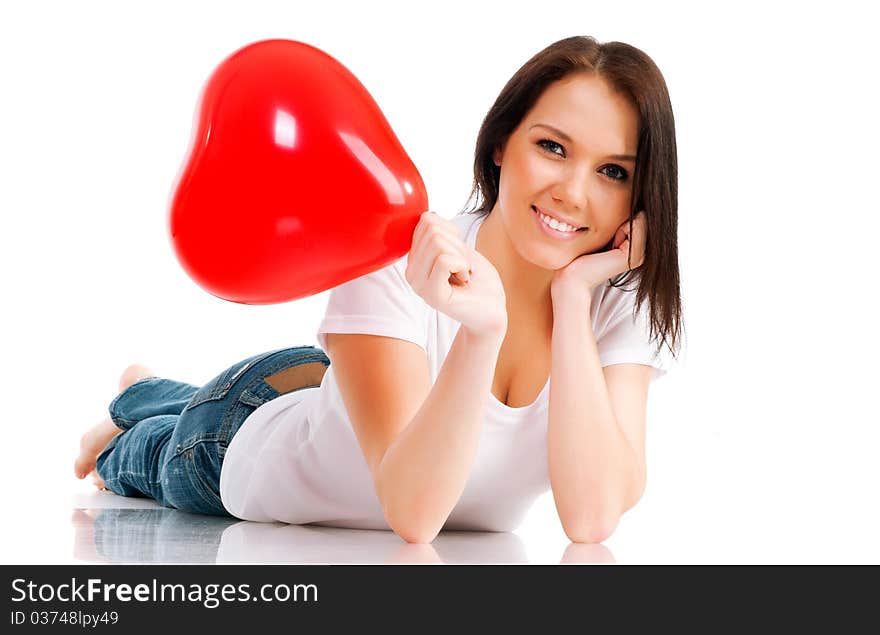 Young brunette with red hearts isolated