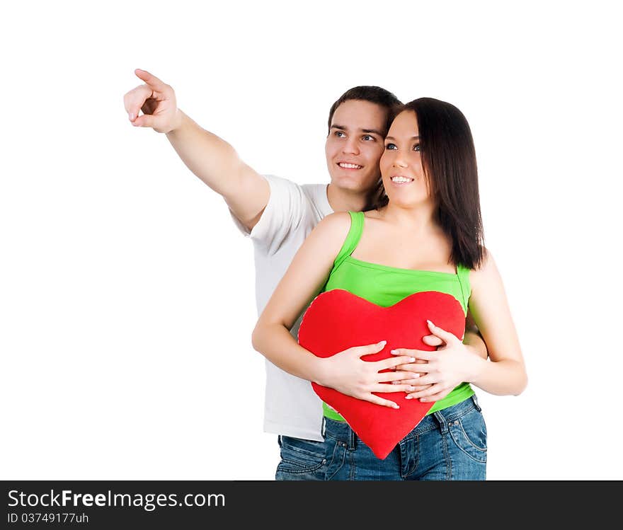 Couple with a red heart on white background