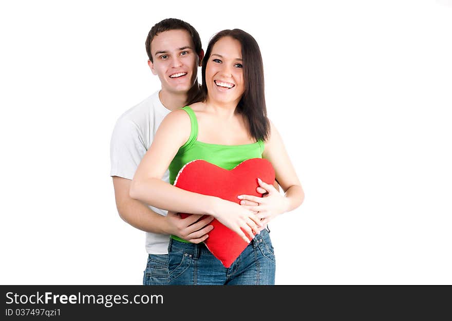 Couple with a red heart on white background