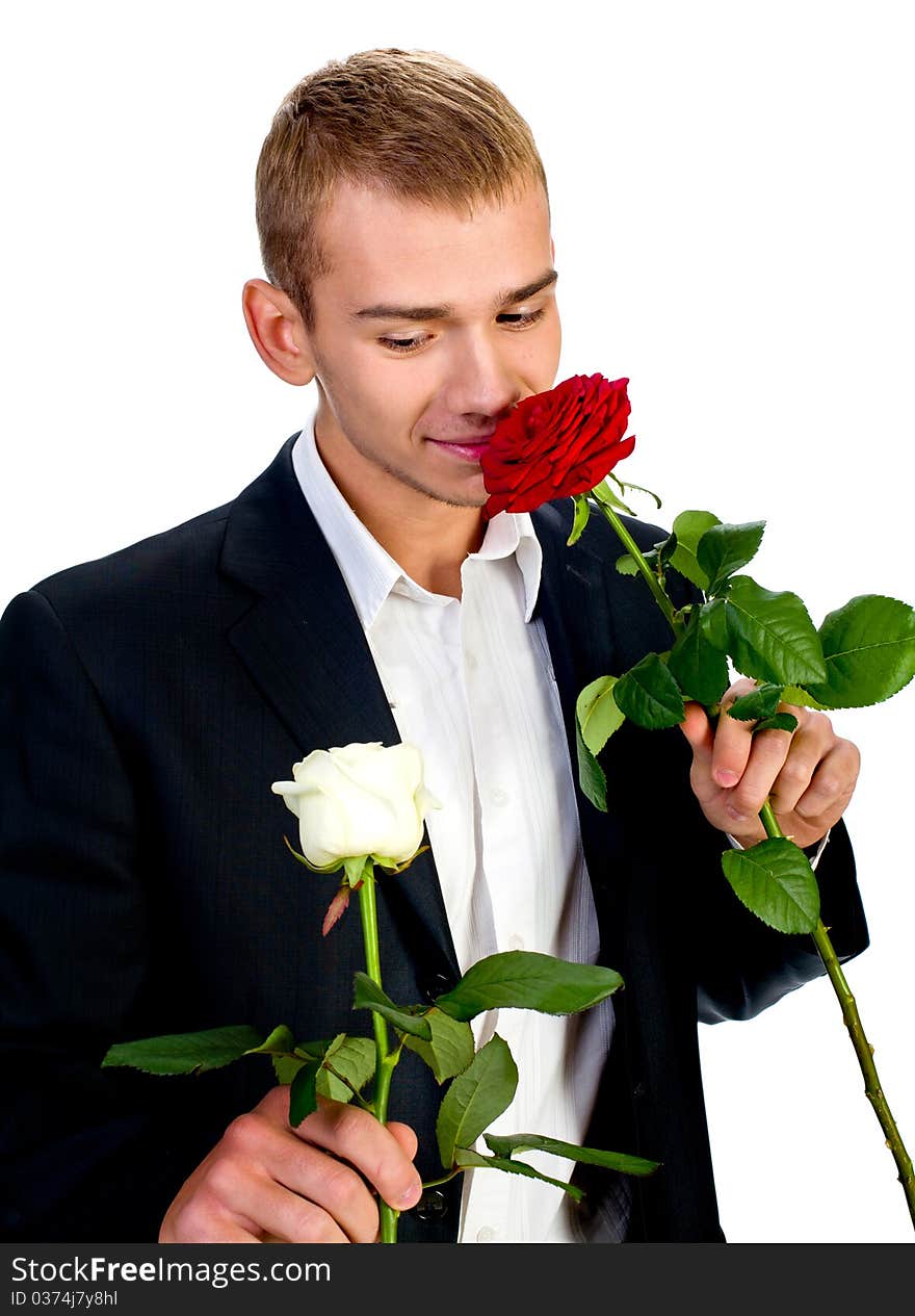 Young Man With Rose isolated on white