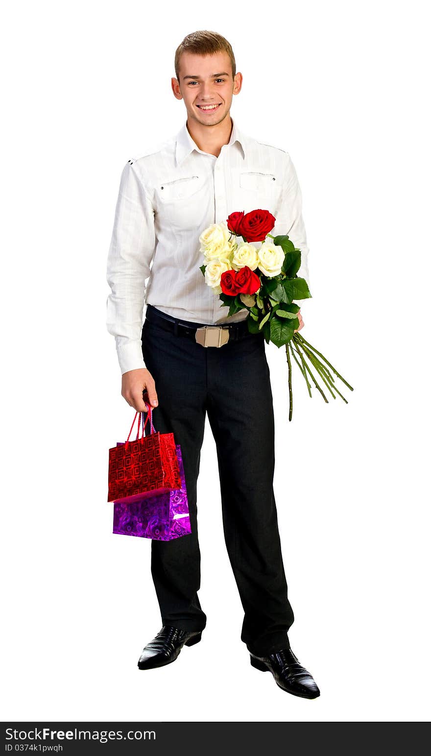 Young Man With Rose and shopping bag isolated on white