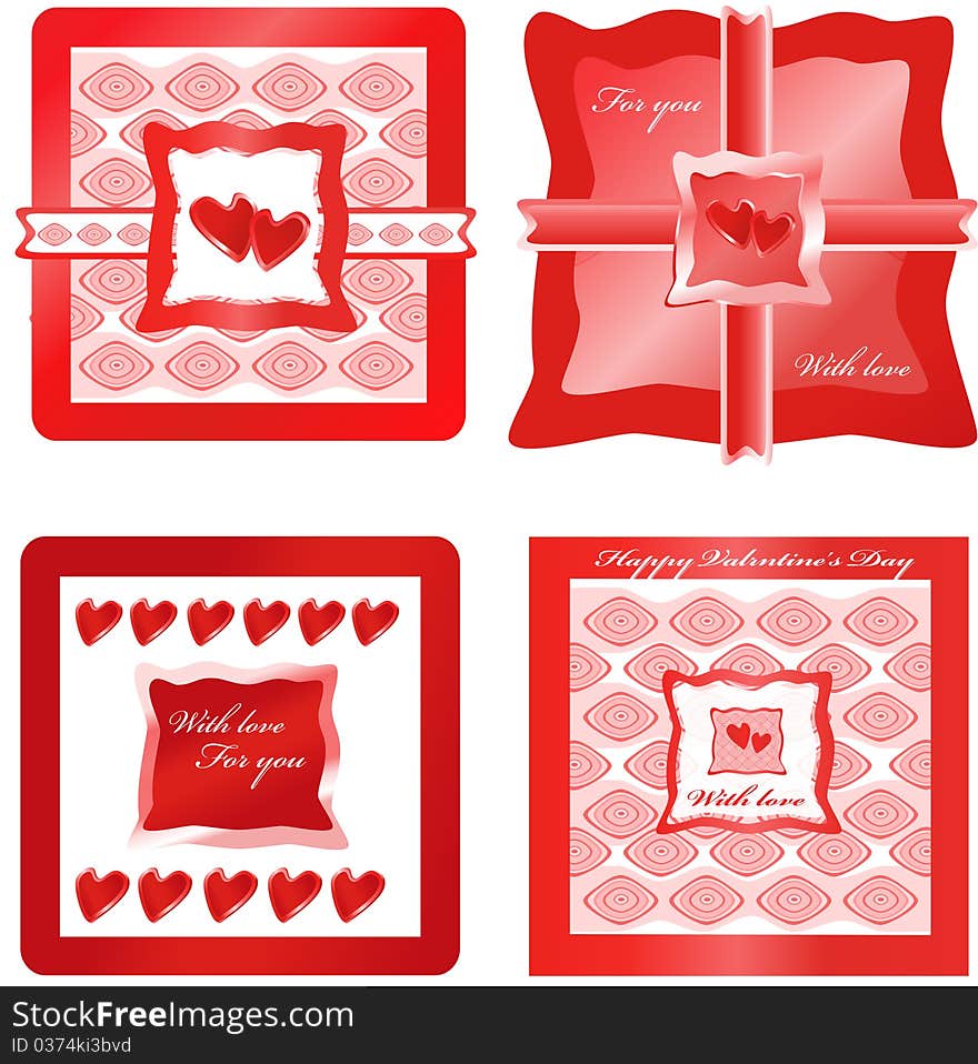 Red hearts and presents on ornamental backgrounds. Red hearts and presents on ornamental backgrounds