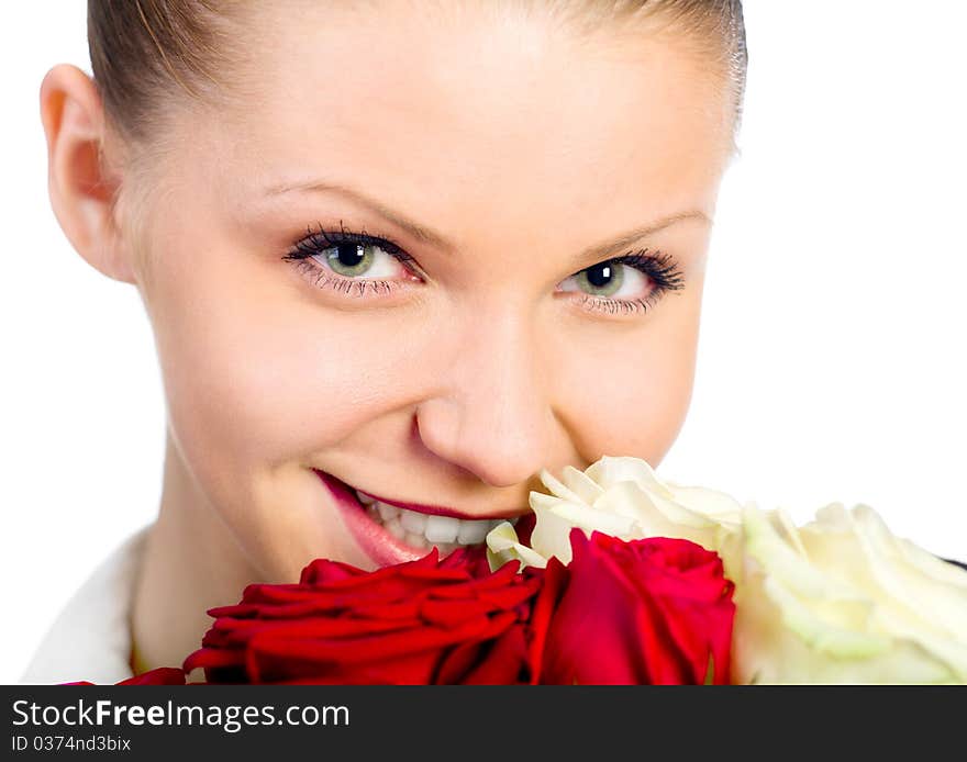 Young women With Rose isolated on white