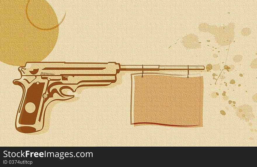 A handgun in vector overlay style on canvas with a flag extending from the barrel. A handgun in vector overlay style on canvas with a flag extending from the barrel.