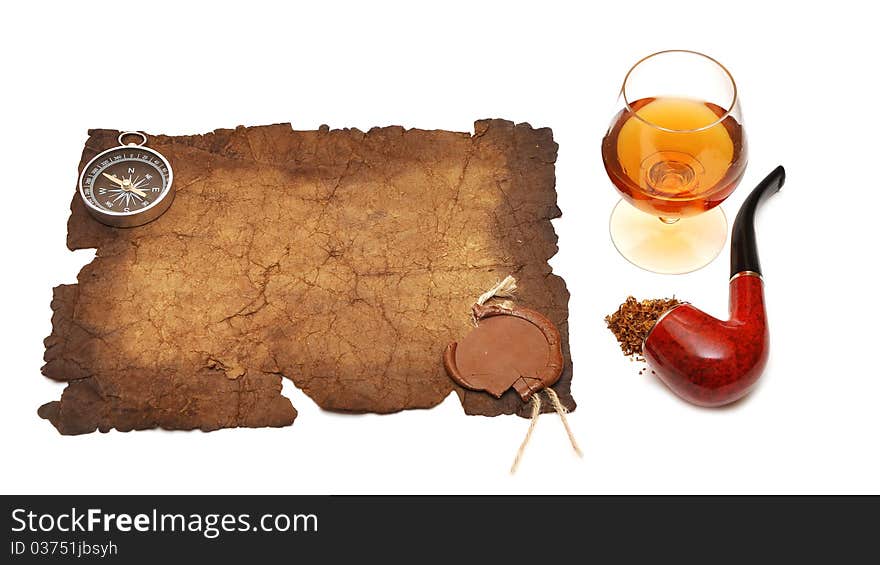 Old Paper Seal Wax , Pipe And Glass Of Cognac