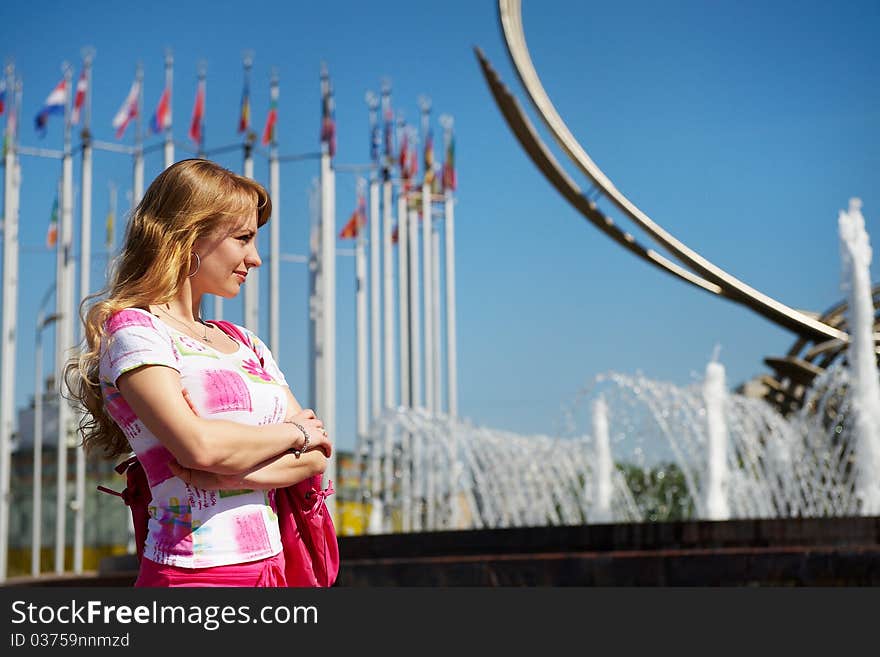 Young woman on square of Moscow city