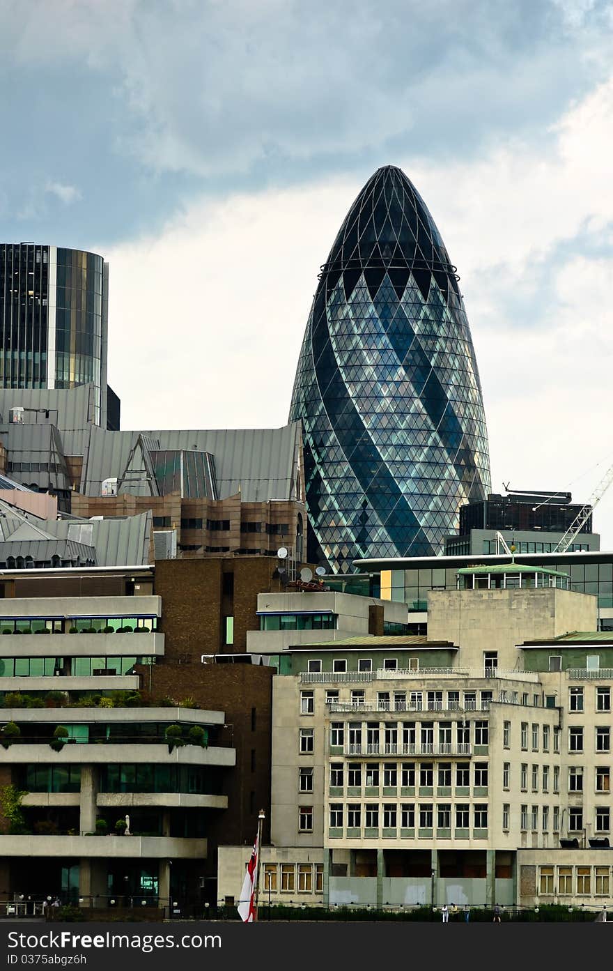 The very distictive silhouette of the Cucumber Building, London, UK