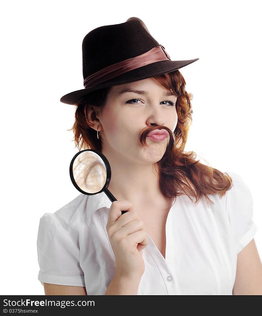 An image of a woman with magnifying glass. An image of a woman with magnifying glass